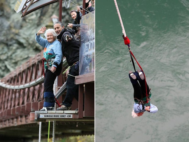 Mary Manssen, de 91 anos, pulando de bungee jump na Nova Zelândia (Foto: AJ Hackett Bungy New Zealand/Divulgação)