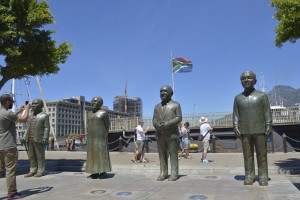 Nelson Mandela, F W de Klerk, Desmond Tutu and Albert Luthuli on Nobel Square, Cape Town.