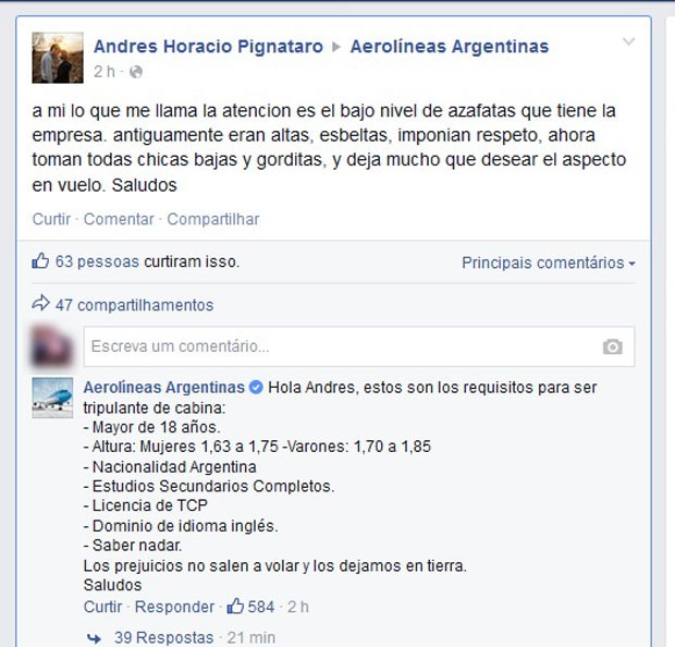 Em post, cliente critica aparência de comissárias de bordo de companhia argentina e empresa responde: 'Preconceito fica em terra' (Foto: Reprodução/Facebook/Aerolineas Argentinas)