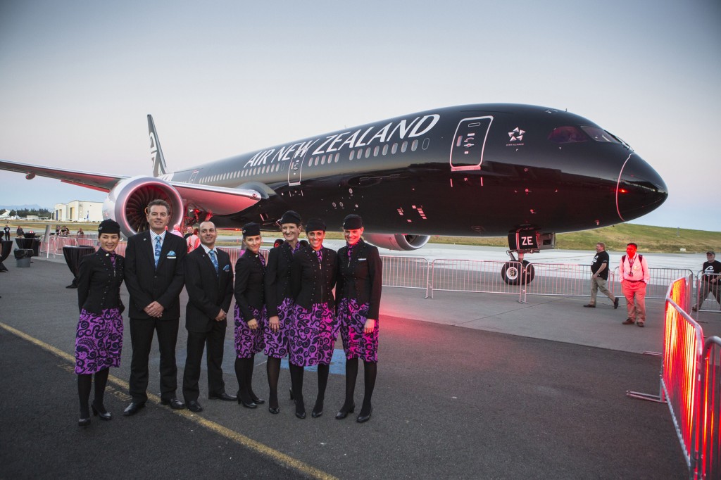 Air New Zealand crew are pictured outside during the launch event for Air New Zealand's new Boeing 787-9 Dreamliner, Tuesday, July 8, 2014, in Everett, WA. (Bret Hartman/Air New Zealand)