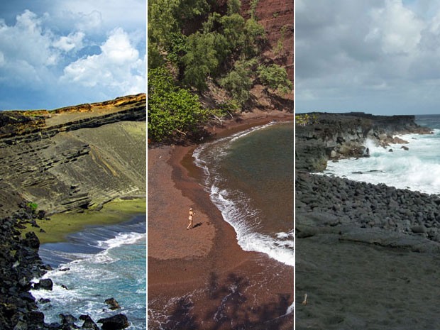 Havaí tem praias de areia verde, vermelha e preta (Foto: Nanovid/Creative Commons; Marco Garcia/AP; Whitehouse/Creative Commons)