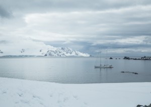 O veleiro Kat ancorado em Deception Island, na Antrtica