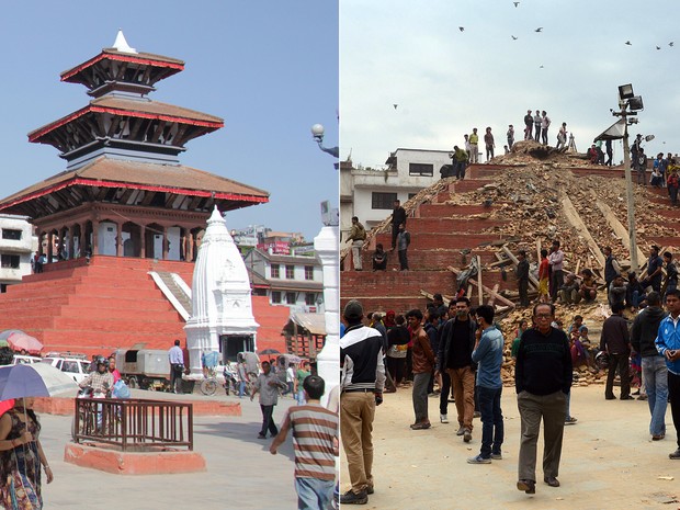 Fotos mostram Praça Durbar antes e depois do terremoto: atração é considerada patrimônio mundial pela Unesco (Foto: Prakash Mathema/AFP/Ganesh Paudel/CC)