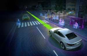 Imagem ilustra sensores administrados pelo novo computador para carros da nVidia em ao (Imagem: Divulgao nVidia)