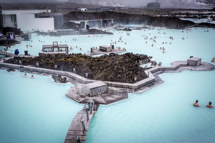 Blue Lagoon, Iceland - August 26, 2014: people relaxing and bathing in the stunning Geothermal Area of the Blue Lagoon, near Reykjavik.