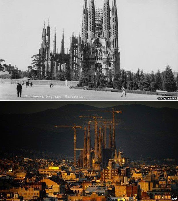 A Sagrada Família, em 1940 e em 2010 (Foto: Getty Images; AFP)