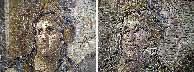 Montagem mostra mosaicos antes (esq.) e depois da restaurao