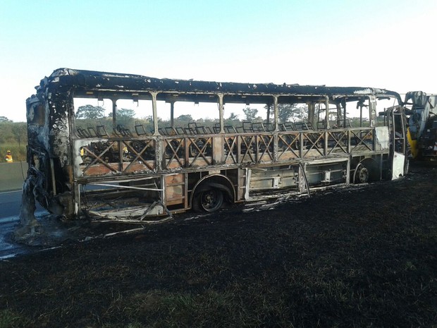 Ônibus ficou destruído depois do incêndio (Foto: Divulgação/ Bombeiros)