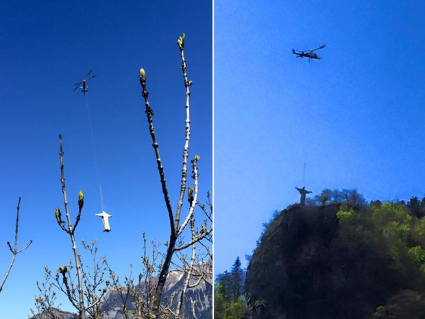 Imitação de Cristo Redentor foi levada de helicóptero até colina na Suíça (Foto: Reprodução/Facebook/Bad Ragartz)