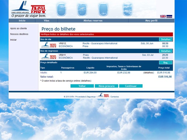 Reportagem encontrou voo partindo do Recife em 6 de junho e retornando de Praia em 3 de julho por R$ 1.687 (cotação do dia) (Foto: Reprodução)