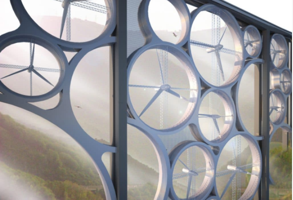Imagem que ilustra as turbinas eólicas inseridas ao longo da estrutura da ponte que produzirá energia solar e eólica.