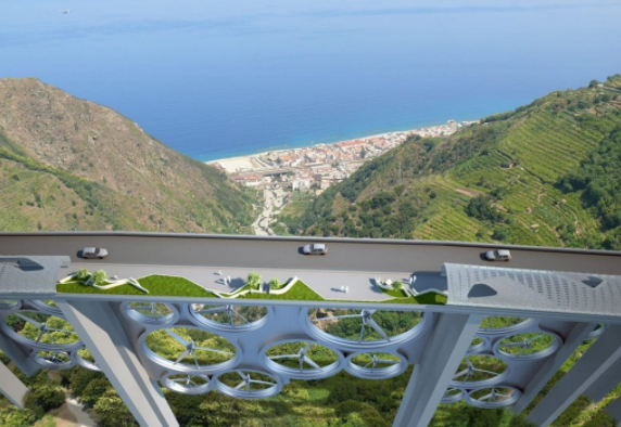 Imagem de ilustração do projeto da ponte de energia solar e eólica, vista de cima. A imagem mostra como a ponte é vista na paisagem, combinada com as montanhas e o mar ao fundo.