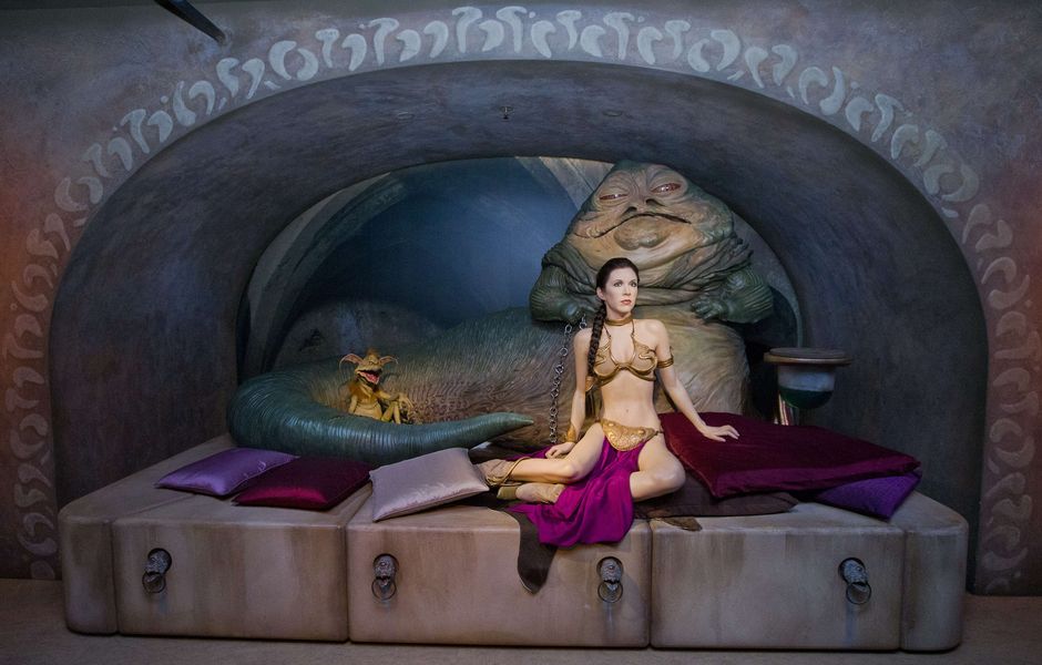 Star Wars characters Jabba The Hutt and Princess Leia are pictured at the Star Wars At Madame Tussauds attraction in London on May 12, 2015. AFP PHOTO/JUSTIN TALLIS ORG XMIT: 1498
