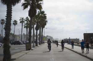 Digital influencers ride electric bikes along the bike path on Saturday, January 30, 2016 between Santa Monica and Venice, Calif.